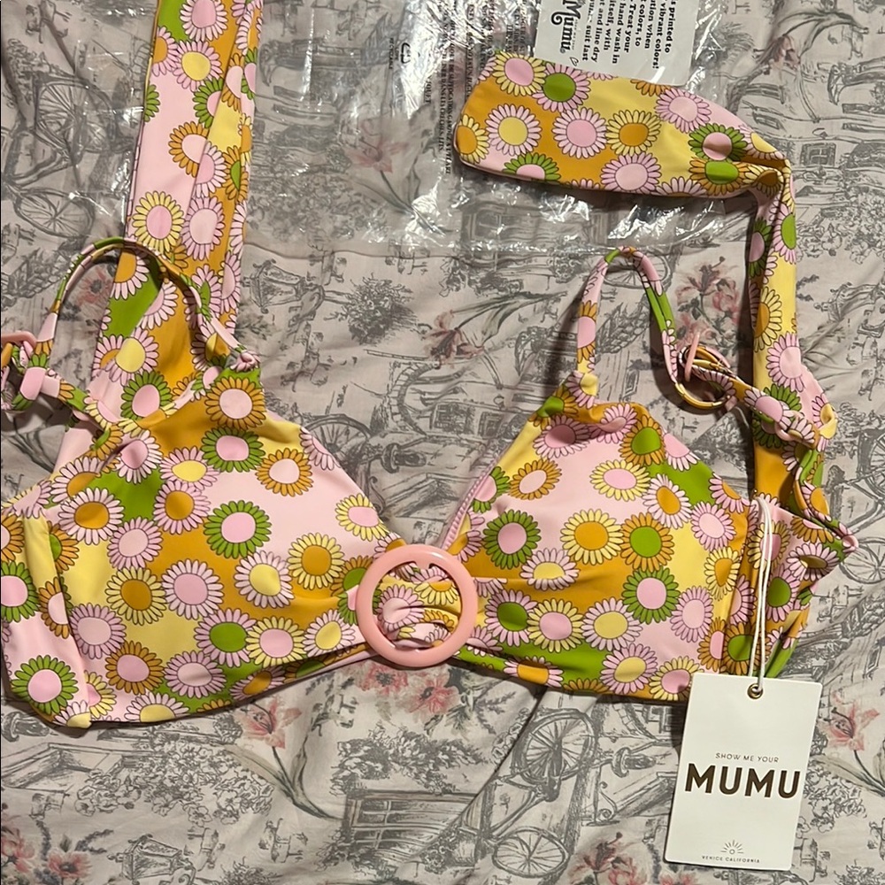 Pink and Yellow Floral Bikini Top